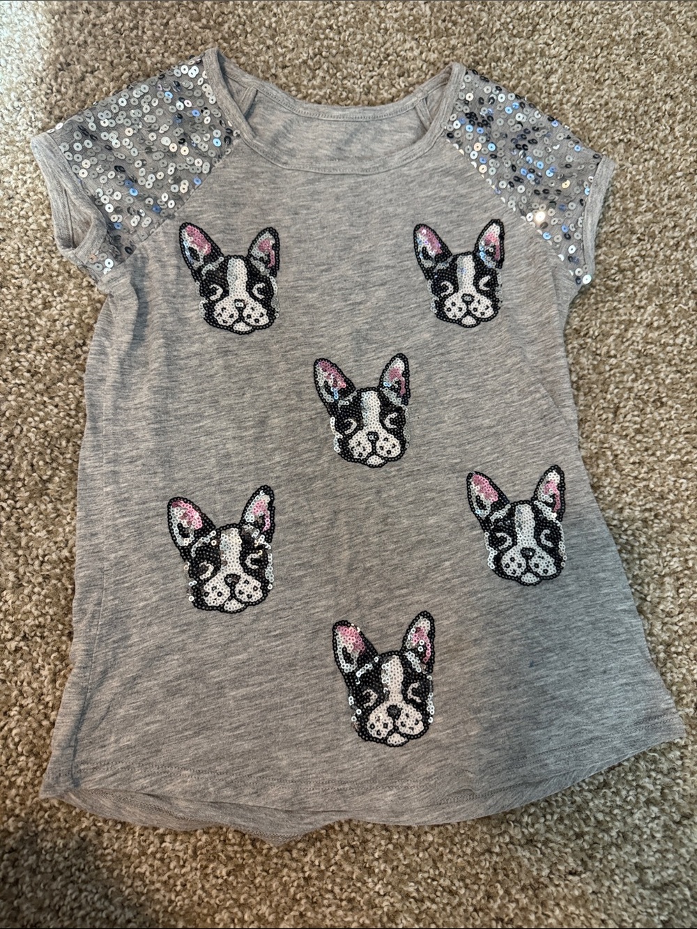 Justice Grey Sequin Puppy Face Tee